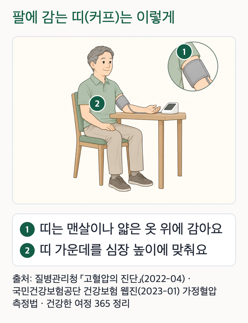 의자에 앉아 위팔에 혈압계 띠를 감고 팔을 탁자에 올린 중년 남성 그림. 오른쪽 위 동그란 확대 칸에 띠를 감은 위팔이 보인다. 1번은 띠를 맨살이나 얇은 옷 위에 감는다는 뜻으로 확대 칸을, 2번은 띠 가운데를 심장 높이에 맞춘다는 뜻으로 가슴 높이를 가리킨다.