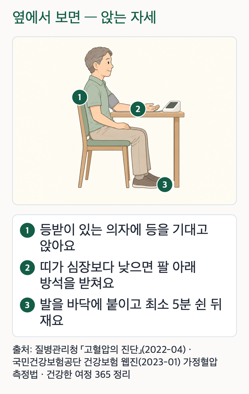 같은 사람을 옆에서 본 그림. 1번은 등받이 있는 의자에 등을 기대고 앉은 등을, 2번은 탁자에 올린 팔을 가리키며 띠가 심장보다 낮으면 팔 아래 방석을 받친다는 뜻이고, 3번은 바닥에 붙인 두 발을 가리킨다. 발을 바닥에 붙이고 최소 5분 쉰 뒤 잰다.