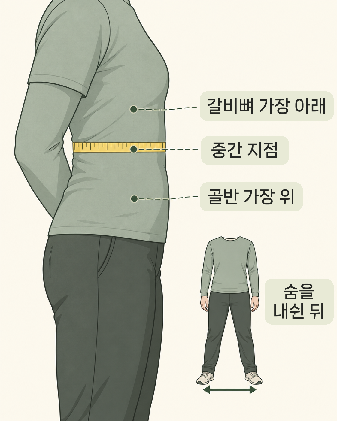 옆으로 선 사람의 옆구리에 갈비뼈 가장 아래, 중간 지점, 골반 가장 위가 표시되고 중간 지점에 줄자를 두른 모습. 작은 앞모습은 양발을 벌리고 서 있으며, 옆에는 숨을 내쉰 뒤라는 글자가 있다.