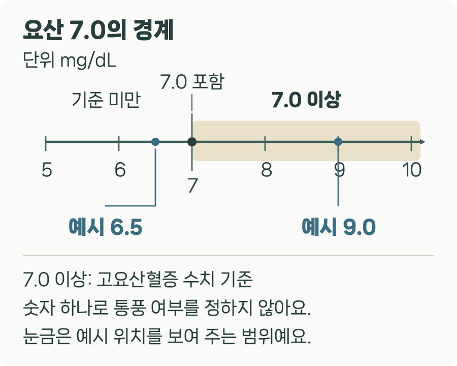 요산 7.0의 경계. 단위 mg/dL. 같은 간격의 눈금 5, 6, 7, 8, 9, 10 위에 기준 미만과 7.0 이상을 나누고, 7.0 포함을 표시해요. 예시 6.5는 경계 왼쪽, 예시 9.0은 경계 오른쪽에 있어요. 7.0 이상: 고요산혈증 수치 기준. 숫자 하나로 통풍 여부를 정하지 않아요. 눈금은 예시 위치를 보여 주는 범위예요.