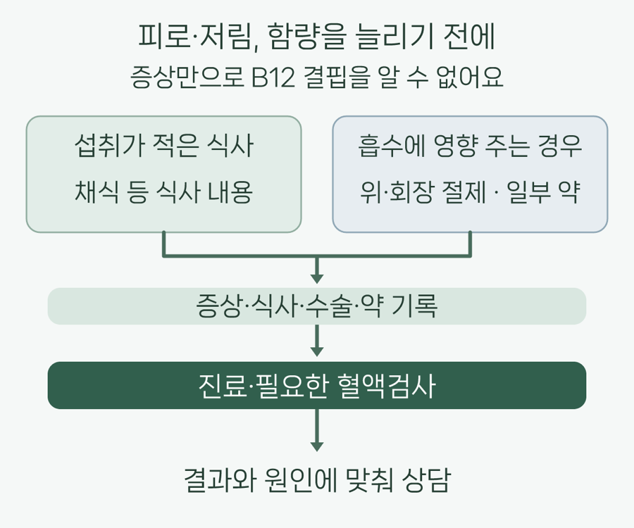 피로·저림, 함량을 늘리기 전에 / 증상만으로 B12 결핍을 알 수 없어요 / 섭취가 적은 식사 / 채식 등 식사 내용 / 흡수에 영향 주는 경우 / 위·회장 절제 · 일부 약 / 증상·식사·수술·약 기록 / 진료·필요한 혈액검사 / 결과와 원인에 맞춰 상담. 식사와 흡수라는 두 흐름을 진료 때 전달할 기록으로 모으고, 진료와 필요한 검사를 거쳐 상담으로 이어지는 화살표 도식이에요.